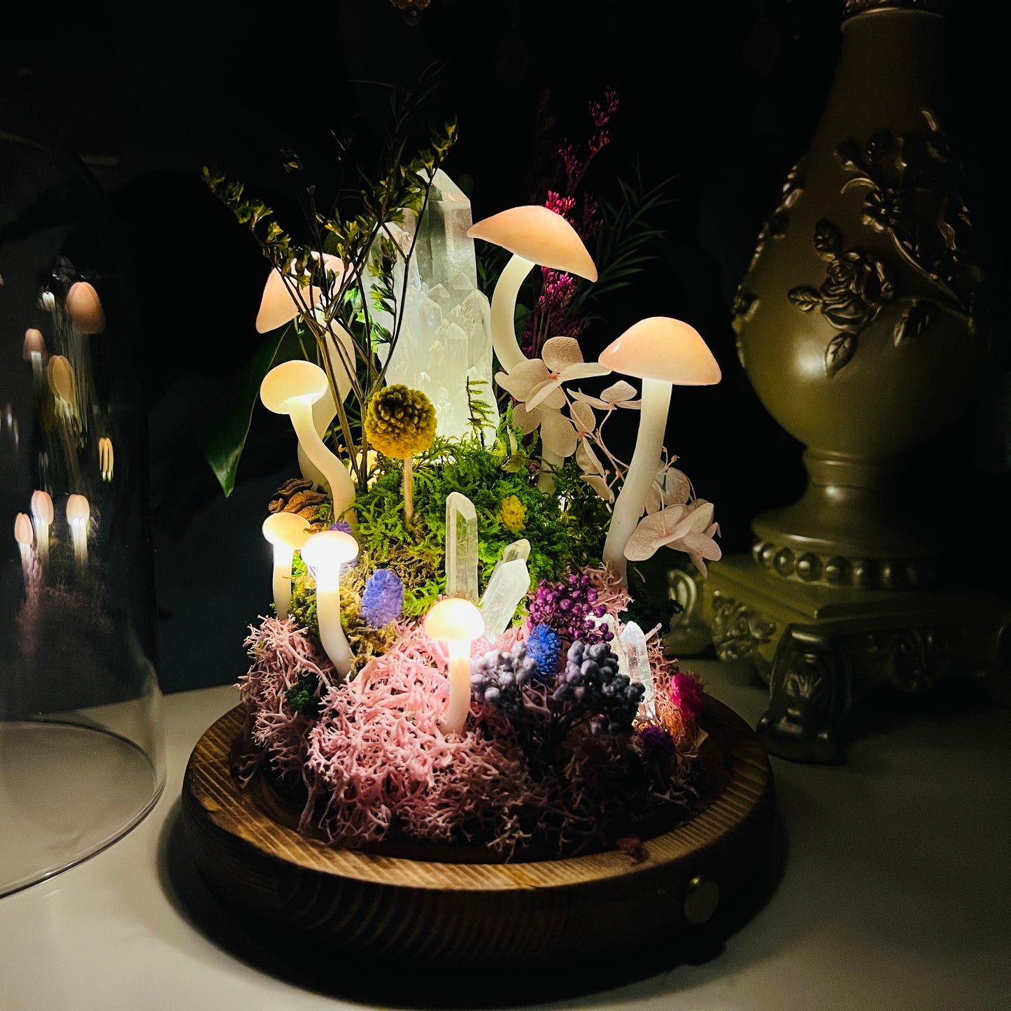 Clear Quartz Cluster Enchanted Forest Night Light | Handmade Crystal Mushroom Lamp