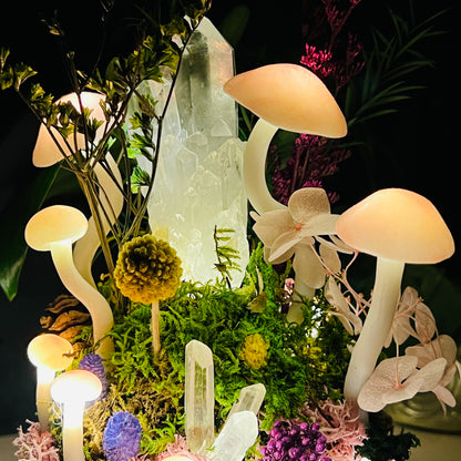 Clear Quartz Cluster Enchanted Forest Night Light | Handmade Crystal Mushroom Lamp