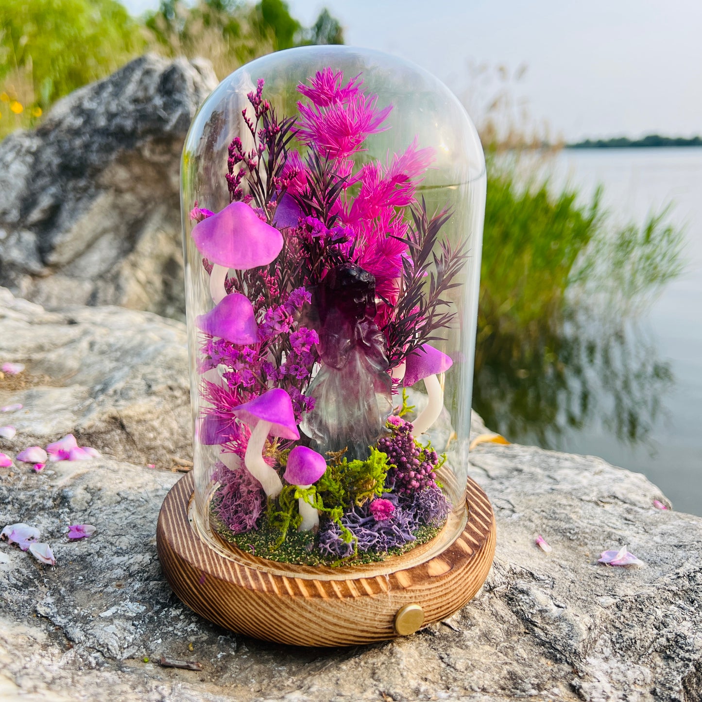 Natural Fluorite Guardian & Enchanted Midnight Forest night light | Handmade Crystal Mushroom Lamp