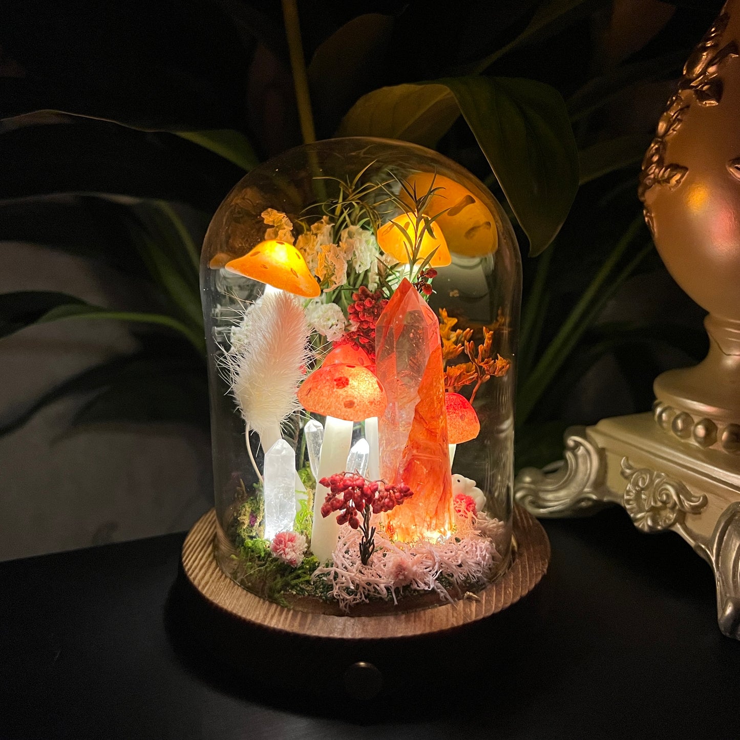 Blazing Spirit: Natural Fire Quartz Tower & Crimson Forest Night Light | Handmade Crystal Mushroom Lamp