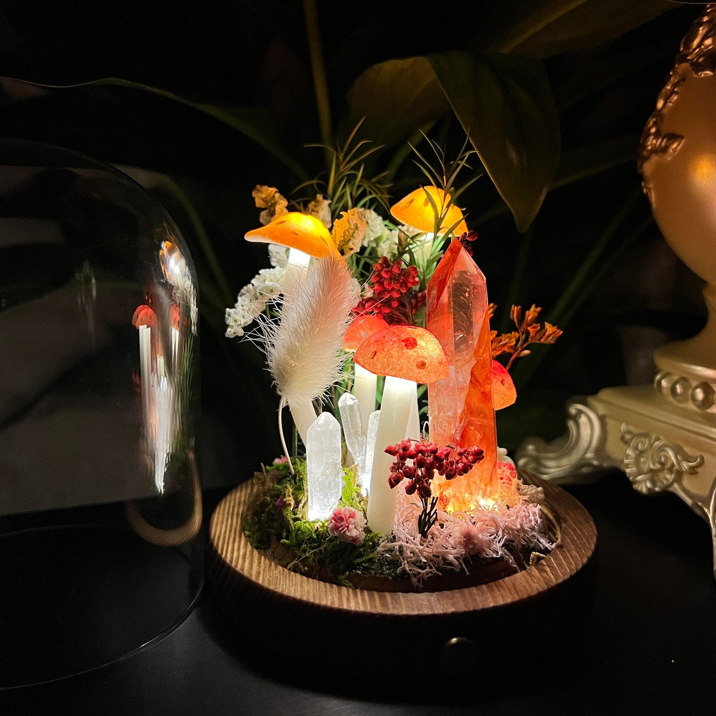 Blazing Spirit: Natural Fire Quartz Tower & Crimson Forest Night Light | Handmade Crystal Mushroom Lamp