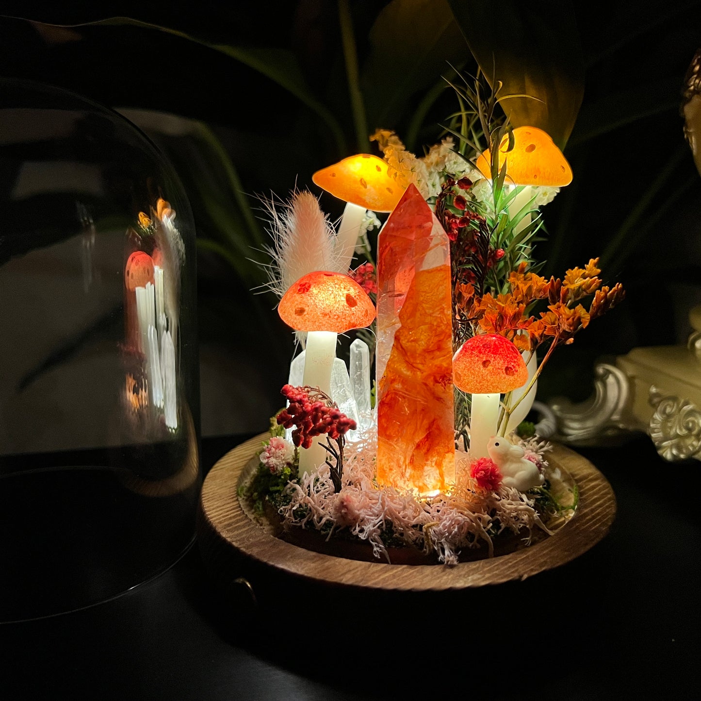 Blazing Spirit: Natural Fire Quartz Tower & Crimson Forest Night Light | Handmade Crystal Mushroom Lamp