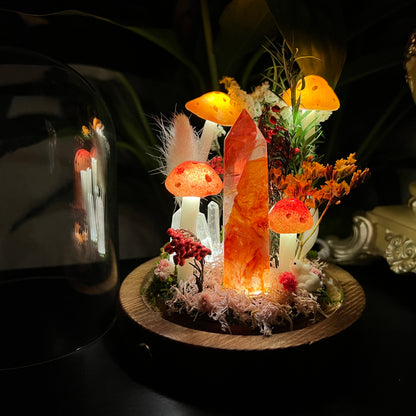 Blazing Spirit: Natural Fire Quartz Tower & Crimson Forest Night Light | Handmade Crystal Mushroom Lamp