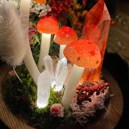 Blazing Spirit: Natural Fire Quartz Tower & Crimson Forest Night Light | Handmade Crystal Mushroom Lamp