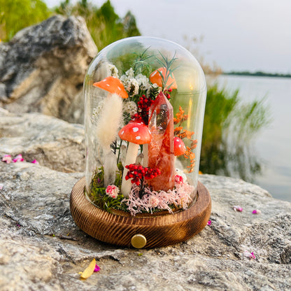 Blazing Spirit: Natural Fire Quartz Tower & Crimson Forest Night Light | Handmade Crystal Mushroom Lamp