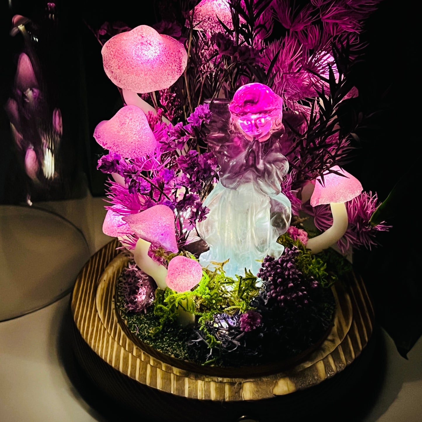 Natural Fluorite Guardian & Enchanted Midnight Forest night light | Handmade Crystal Mushroom Lamp