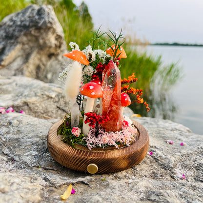 Blazing Spirit: Natural Fire Quartz Tower & Crimson Forest Night Light | Handmade Crystal Mushroom Lamp