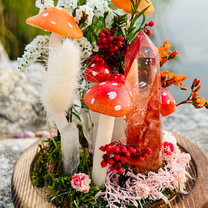Blazing Spirit: Natural Fire Quartz Tower & Crimson Forest Night Light | Handmade Crystal Mushroom Lamp