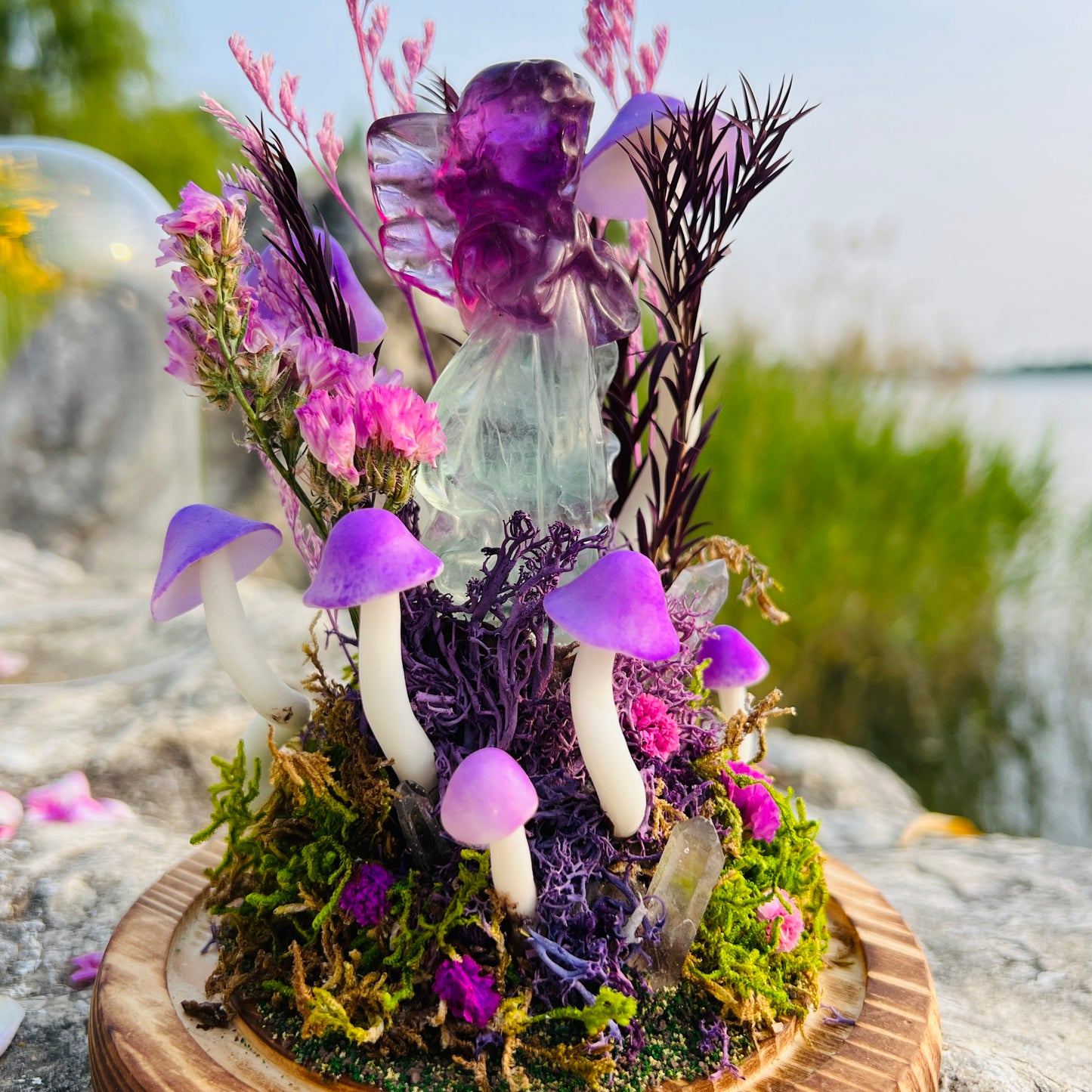 Angel’s Whisper: Natural Fluorite Guardian in Eternal Deep Forest night light | Handmade Crystal Mushroom Lamp