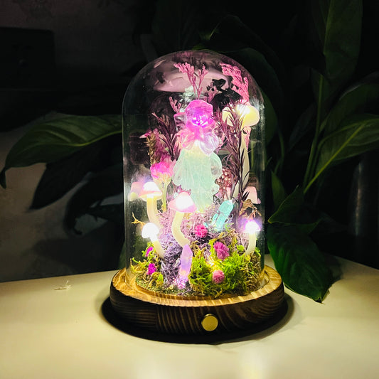 Angel’s Whisper: Natural Fluorite Guardian in Eternal Deep Forest night light | Handmade Crystal Mushroom Lamp