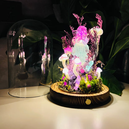 Angel’s Whisper: Natural Fluorite Guardian in Eternal Deep Forest night light | Handmade Crystal Mushroom Lamp