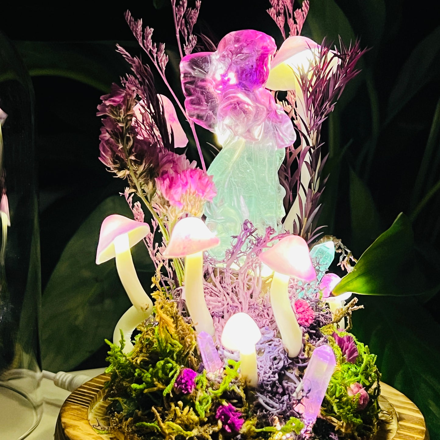 Angel’s Whisper: Natural Fluorite Guardian in Eternal Deep Forest night light | Handmade Crystal Mushroom Lamp