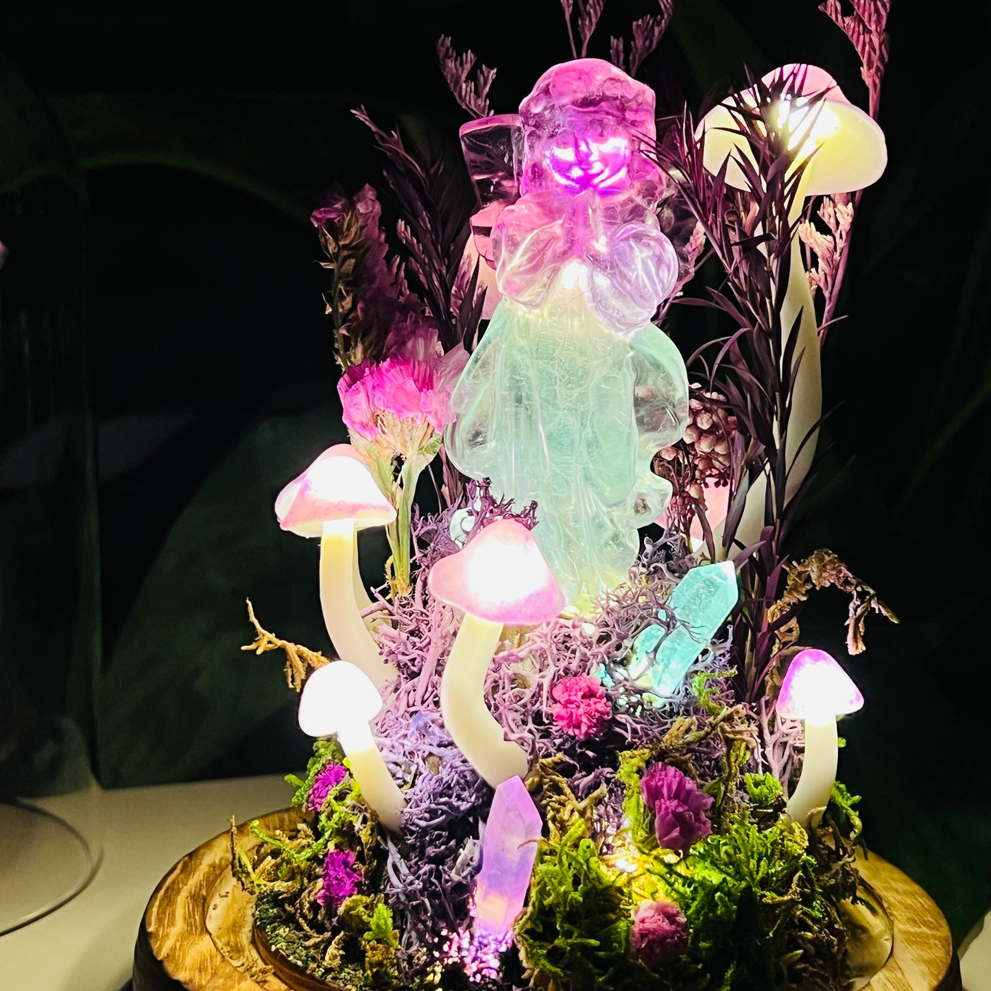 Angel’s Whisper: Natural Fluorite Guardian in Eternal Deep Forest night light | Handmade Crystal Mushroom Lamp