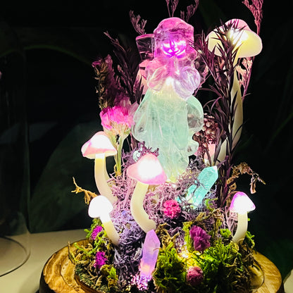 Angel’s Whisper: Natural Fluorite Guardian in Eternal Deep Forest night light | Handmade Crystal Mushroom Lamp