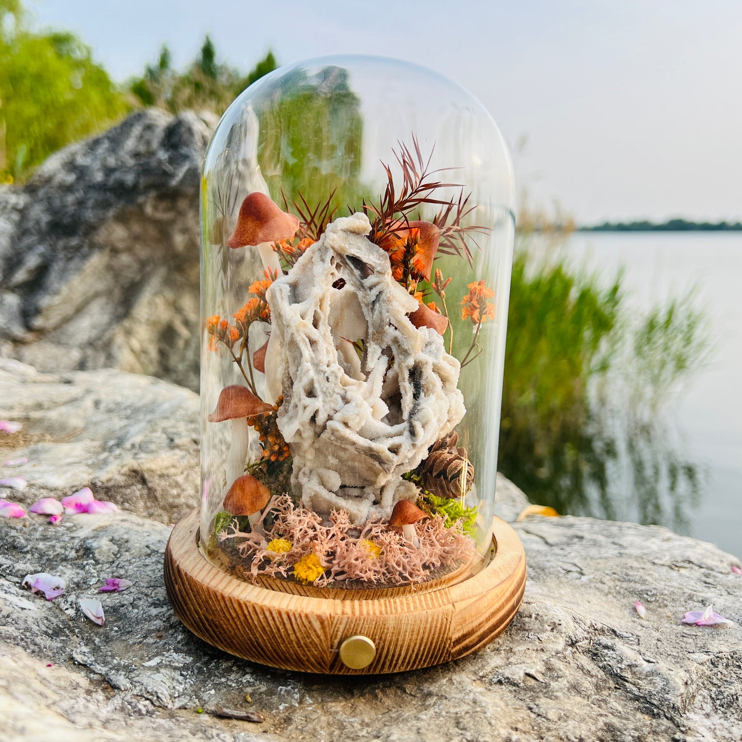 Natural Sphalerite & Enchanted Autumn Forest night light | Handmade Crystal Mushroom Lamp
