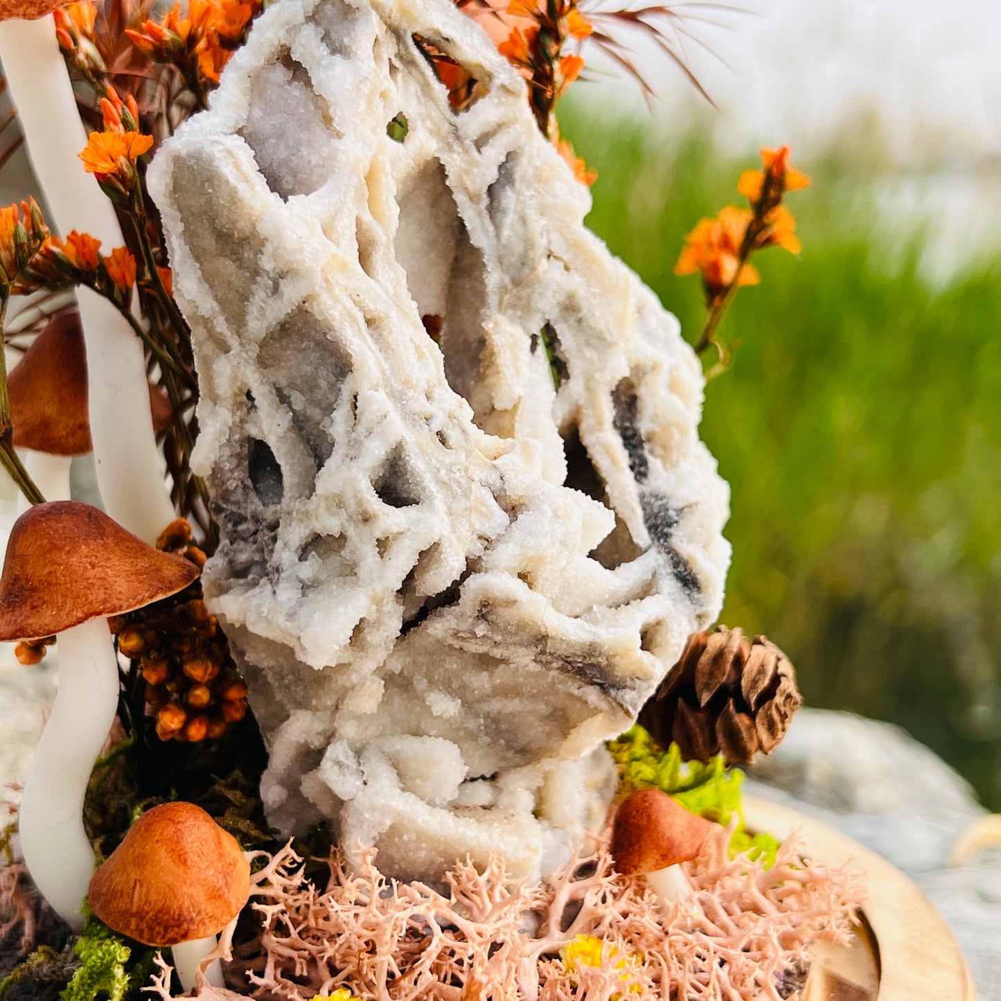 Natural Sphalerite & Enchanted Autumn Forest night light | Handmade Crystal Mushroom Lamp