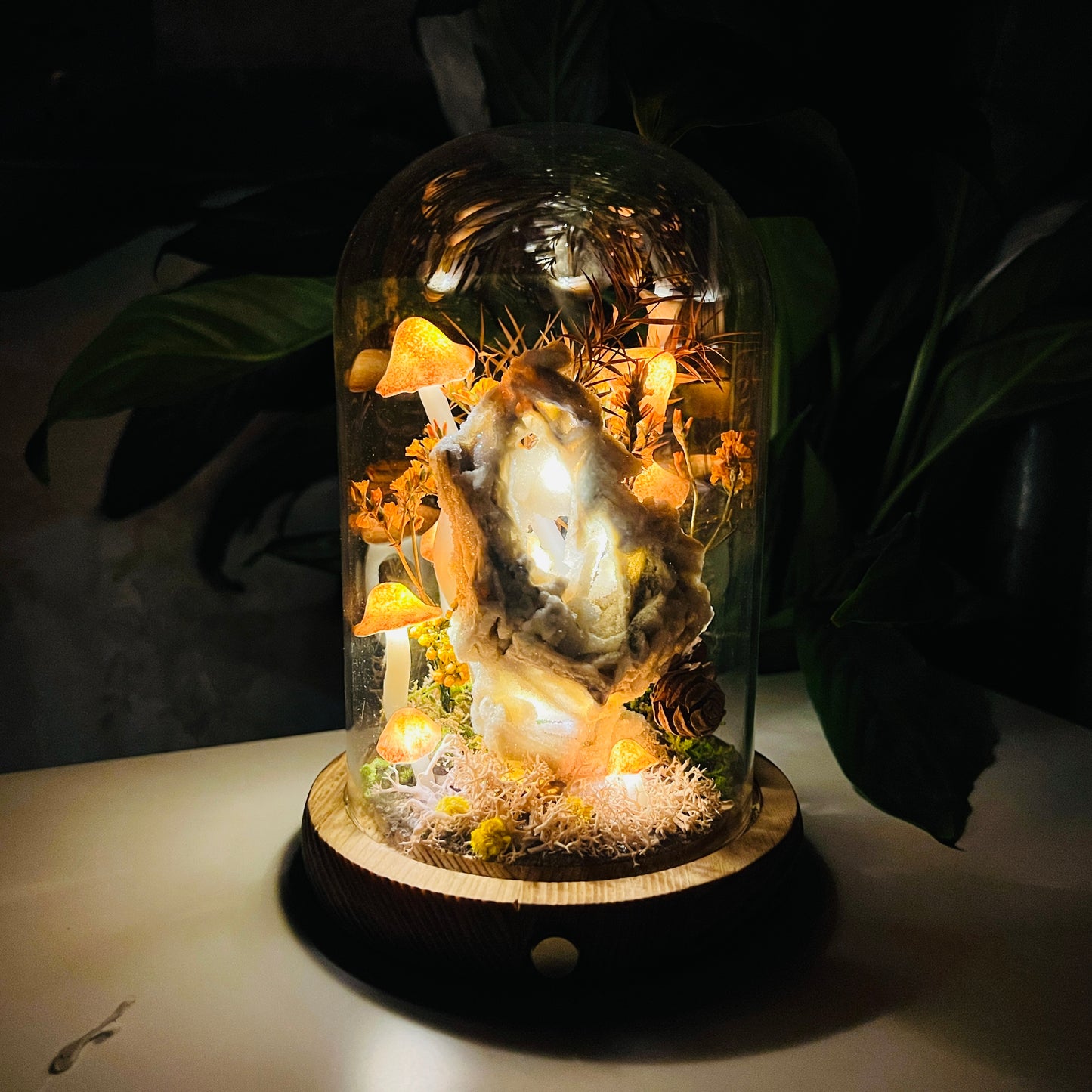Natural Sphalerite & Enchanted Autumn Forest night light | Handmade Crystal Mushroom Lamp