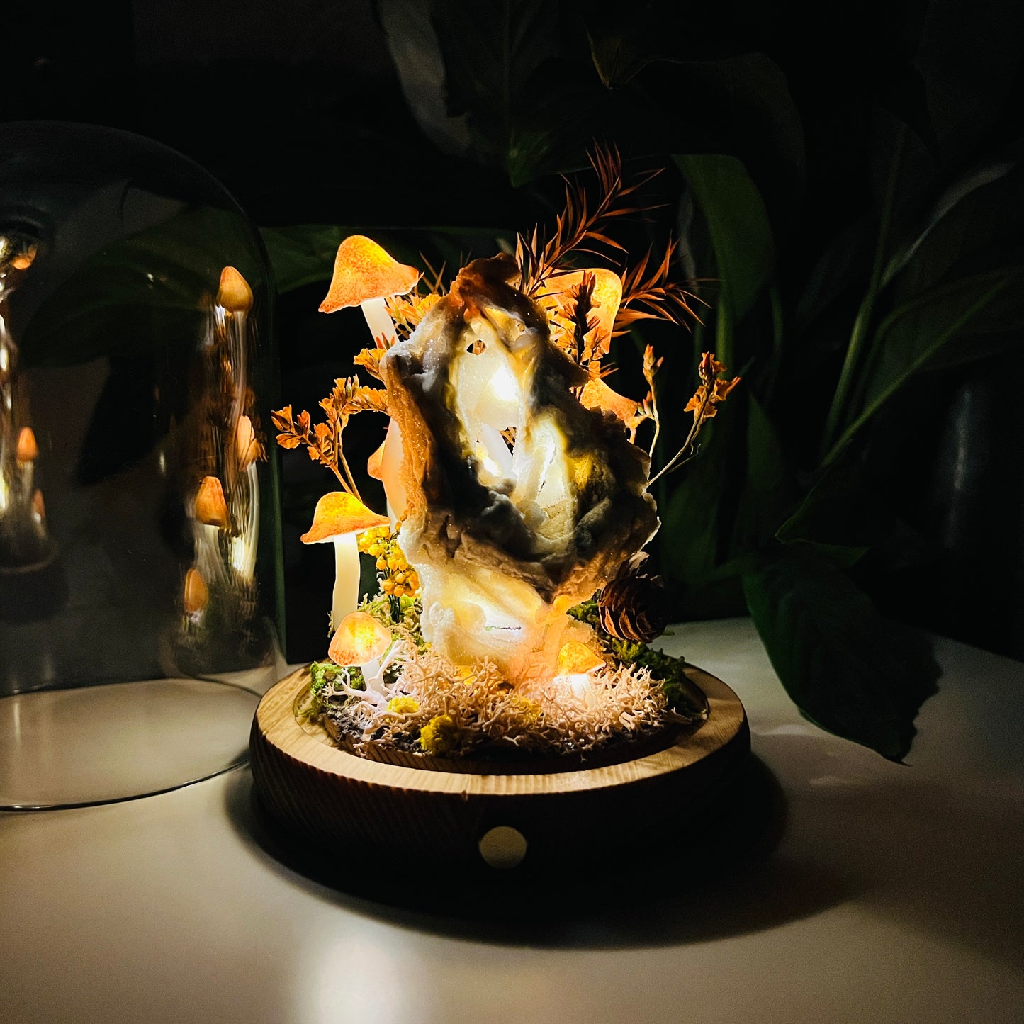 Natural Sphalerite & Enchanted Autumn Forest night light | Handmade Crystal Mushroom Lamp