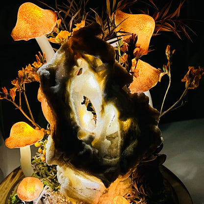 Natural Sphalerite & Enchanted Autumn Forest night light | Handmade Crystal Mushroom Lamp
