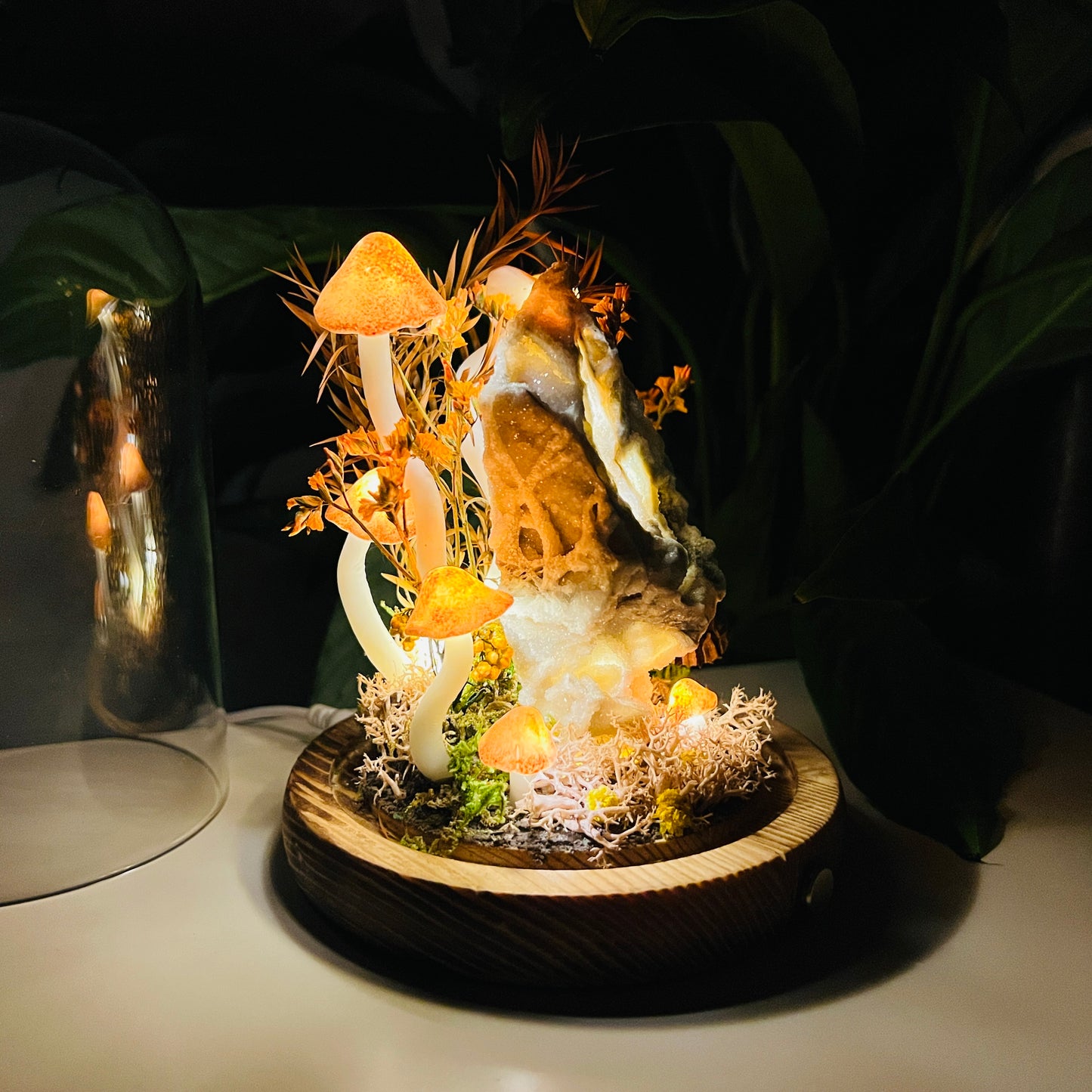 Natural Sphalerite & Enchanted Autumn Forest night light | Handmade Crystal Mushroom Lamp