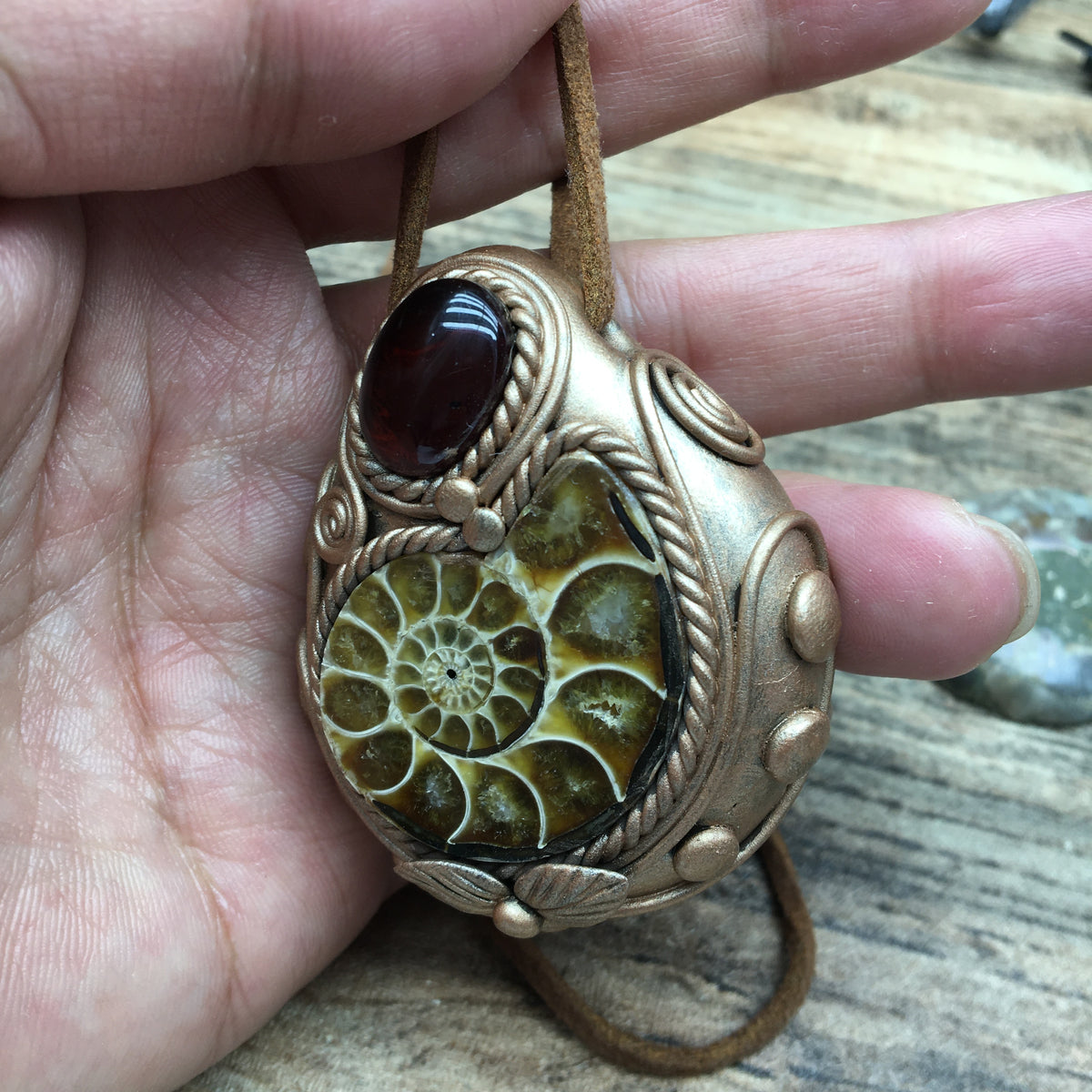 Natural Ammonite Fossil & Blood Amber Pendant Necklace - Handcrafted pendant Jewelry