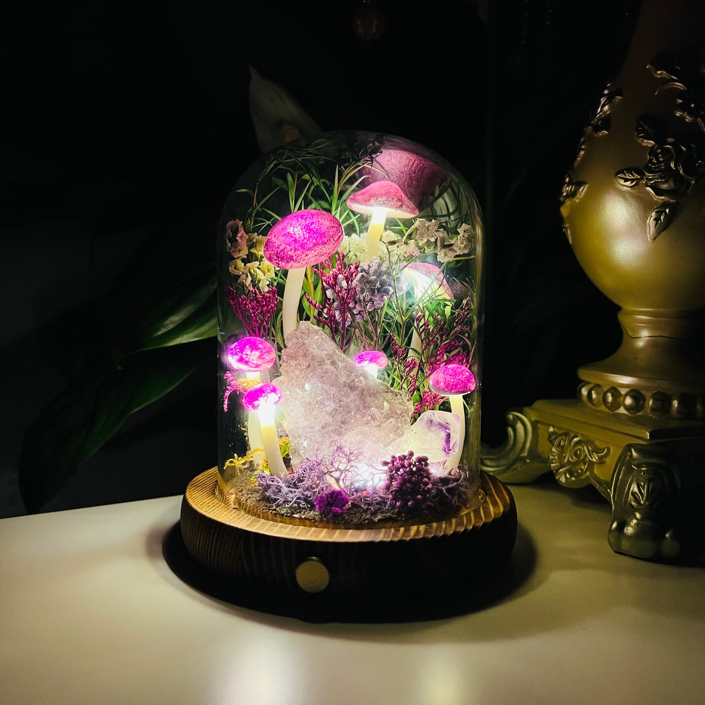 Mystic Grove: Natural Amethyst Raw Cluster & Purple Fairy Mushroom Night Light | Handmade Crystal Mushroom Lamp