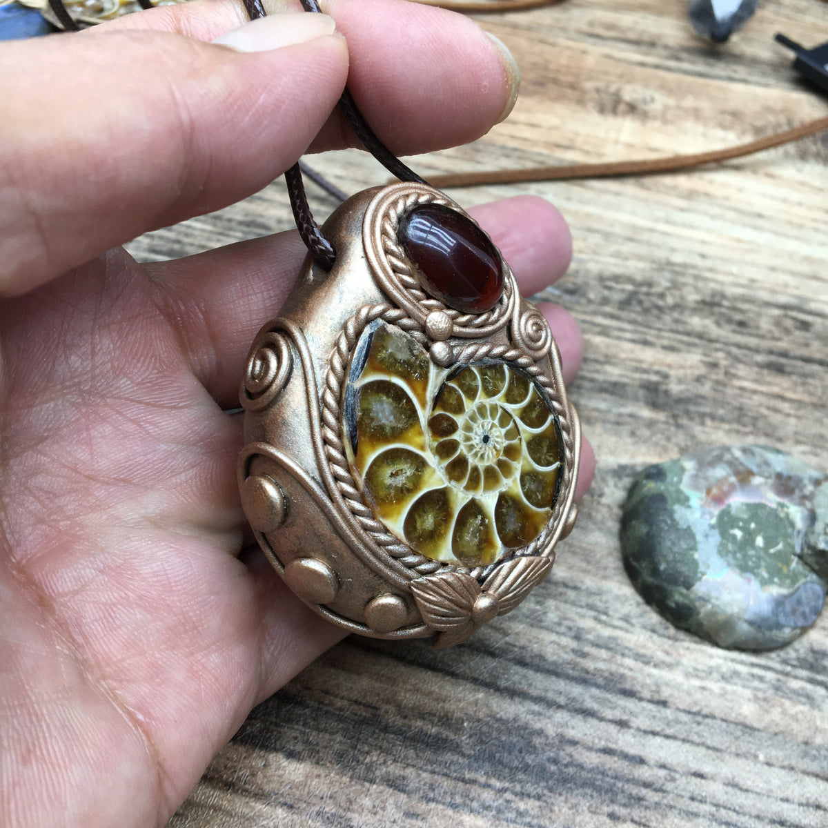 Natural Ammonite Fossil & Blood Amber Pendant Necklace - Handcrafted pendant Jewelry