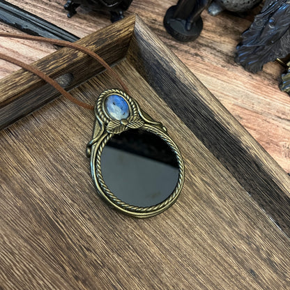 Handmade Natural Black Obsidian Scrying Mirror pendant/Magic Obsidian Witch Mirror/Crystal Quartz Mirror/Manifest Altar Tool