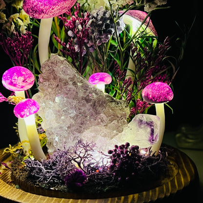 Mystic Grove: Natural Amethyst Raw Cluster & Purple Fairy Mushroom Night Light | Handmade Crystal Mushroom Lamp