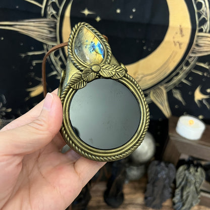 Handmade Natural Black Obsidian Scrying Mirror pendant/Magic Obsidian Witch Mirror/Crystal Quartz Mirror/Manifest Altar Tool