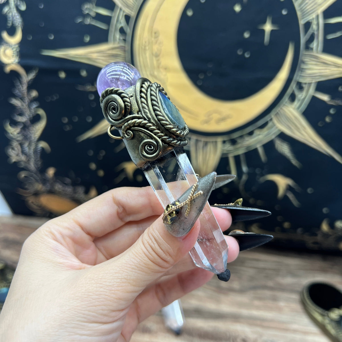 Handmade crystal jewelry Healing Crystal Wand / Protection Amulet Pendant Necklace Clear quartz tower paired with amethyst spheres and labradorite