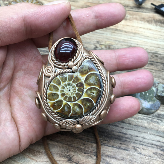 Natural Ammonite Fossil & Blood Amber Pendant Necklace - Handcrafted pendant Jewelry