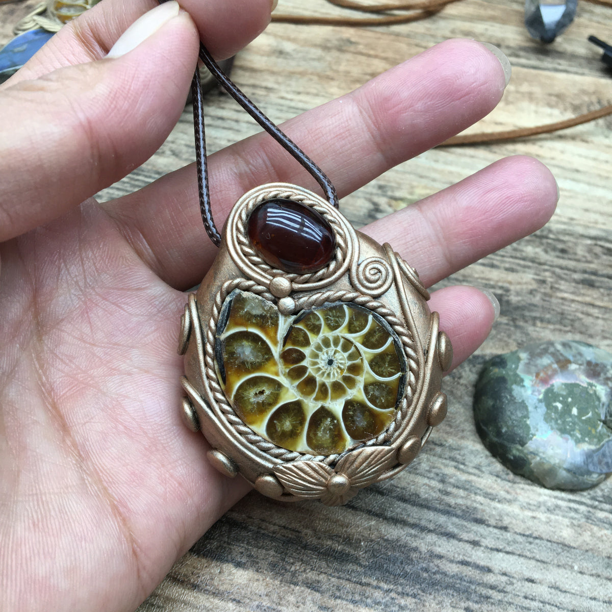 Natural Ammonite Fossil & Blood Amber Pendant Necklace - Handcrafted pendant Jewelry