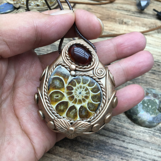 Natural Ammonite Fossil & Blood Amber Pendant Necklace - Handcrafted pendant Jewelry