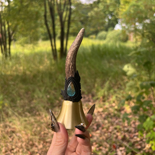 Crystal Altar Bell, Witch Hand Bell, Natural antler Wand Bell, Pagan Ritual Bell, Gothic Crystal Handbell, Handcrafted Witchy Altar Decor
