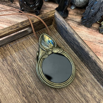 Handmade Natural Black Obsidian Scrying Mirror pendant/Magic Obsidian Witch Mirror/Crystal Quartz Mirror/Manifest Altar Tool