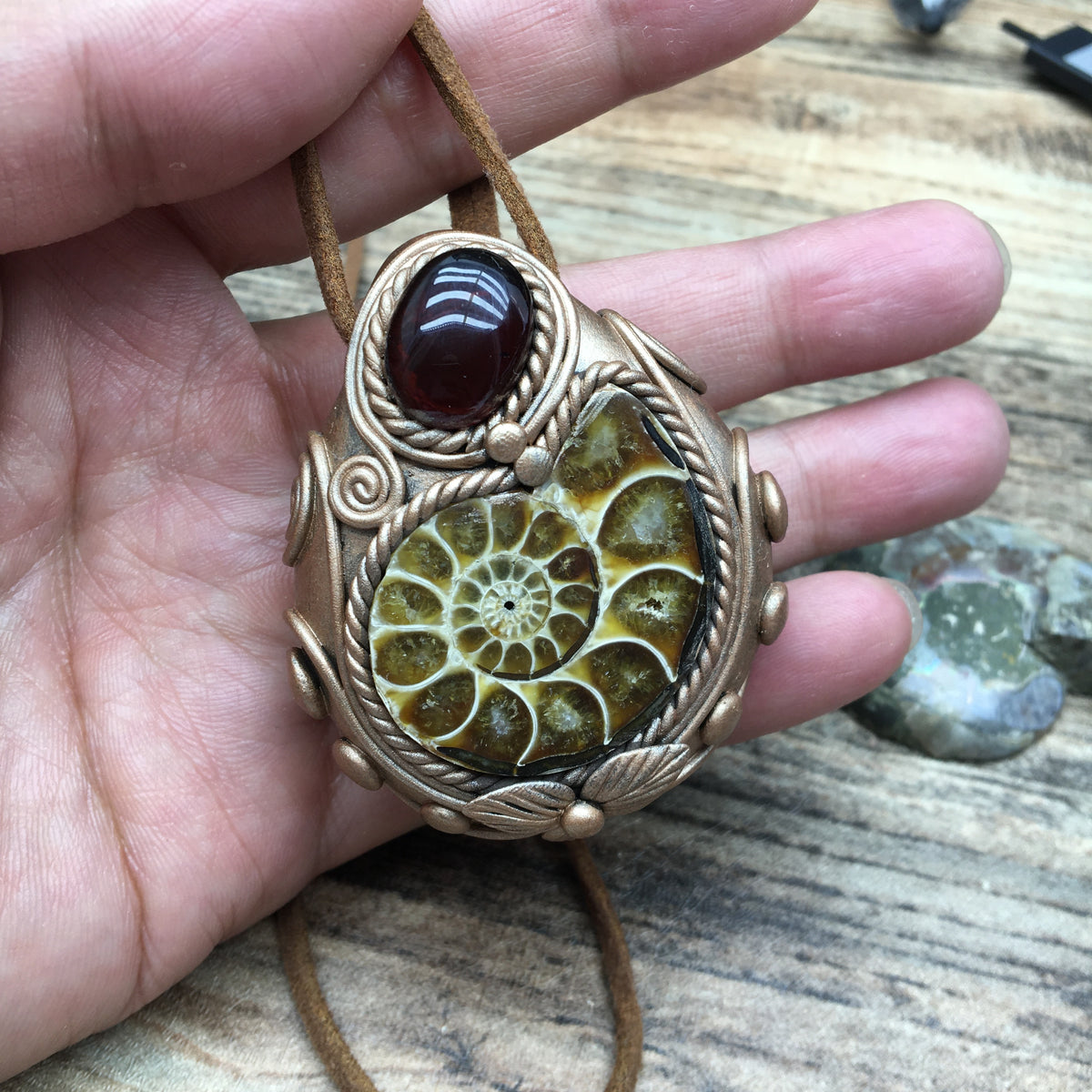Natural Ammonite Fossil & Blood Amber Pendant Necklace - Handcrafted pendant Jewelry