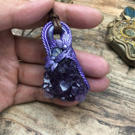 Raw Amethyst Cluster Pendant with Blue Flash Moonstone - Spiritual Healing Crystal Gift