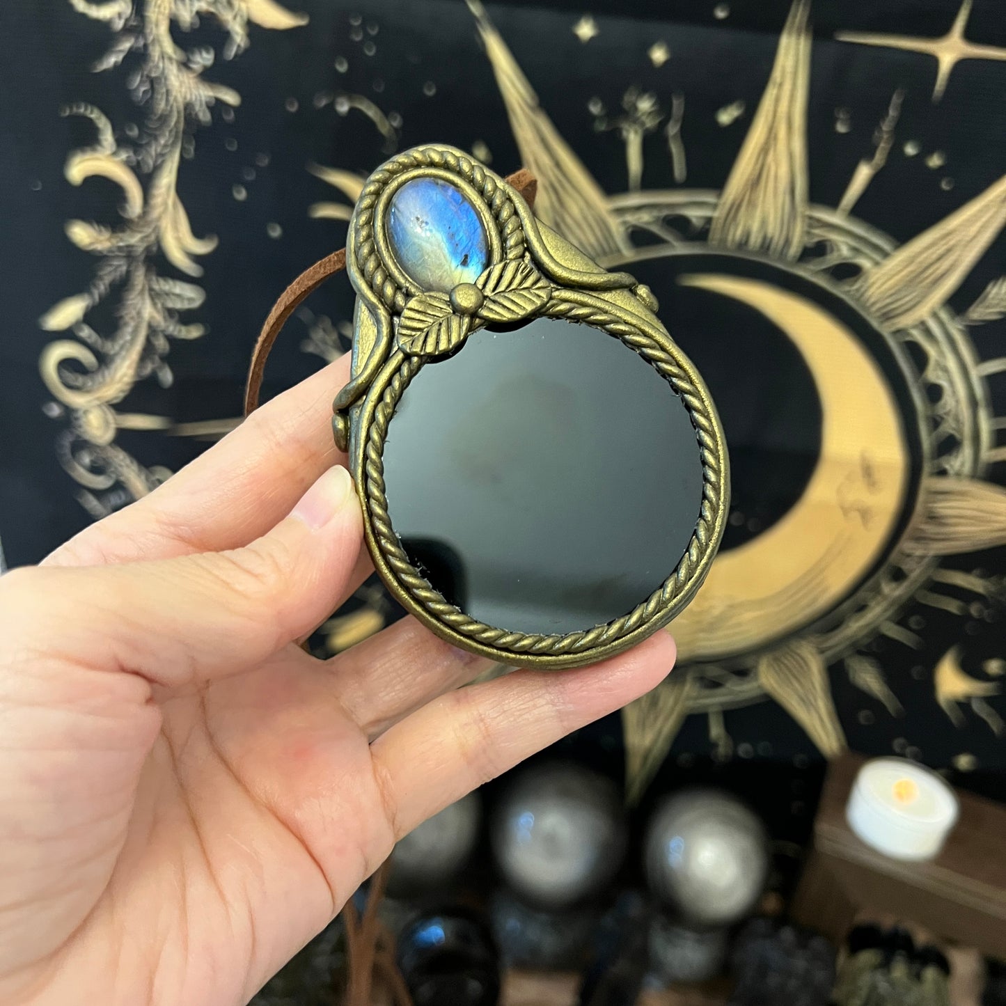 Handmade Natural Black Obsidian Scrying Mirror pendant/Magic Obsidian Witch Mirror/Crystal Quartz Mirror/Manifest Altar Tool