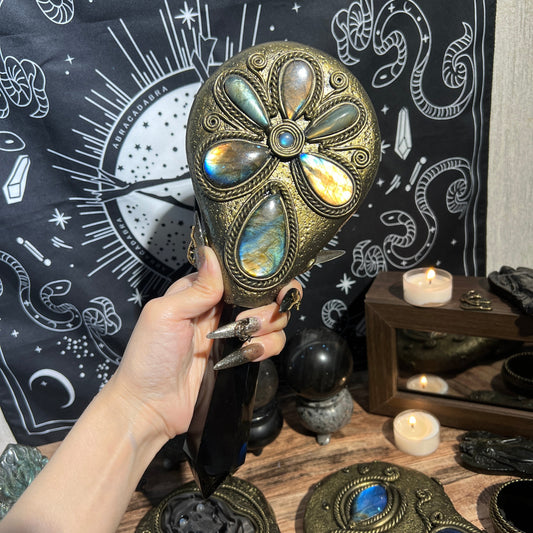 Handmade Natural Black Obsidian Scrying Mirror Wand/Magic Obsidian Witch Wand/Crystal Quartz Wand/Manifest Altar Tool