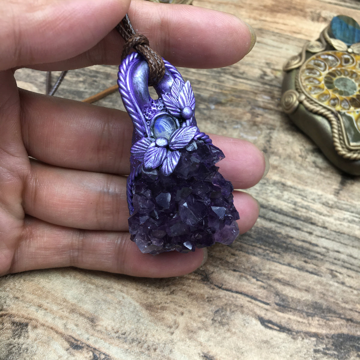 Raw Amethyst Cluster Pendant with Blue Flash Moonstone - Spiritual Healing Crystal Gift