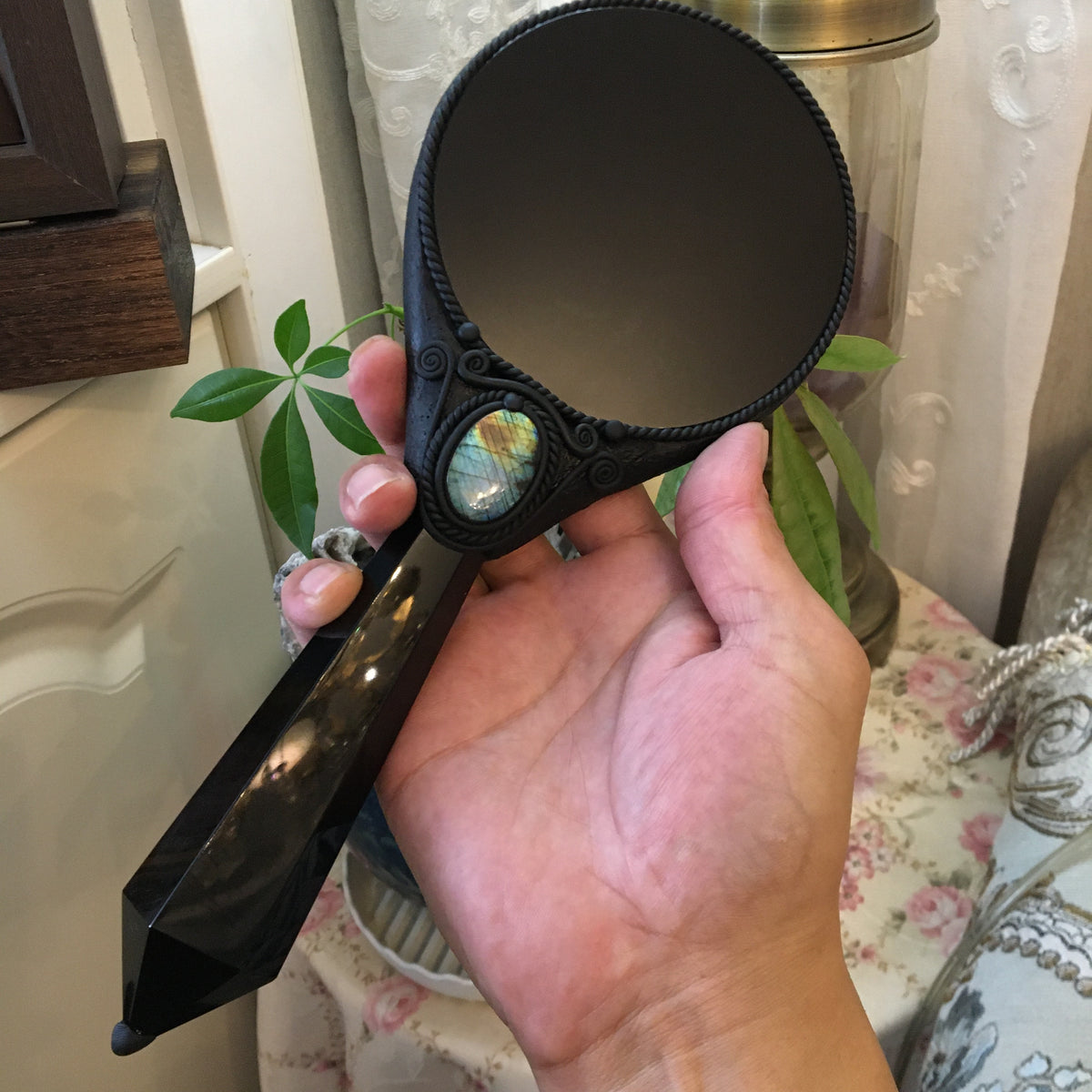 Handmade Natural Black Obsidian Scrying Mirror Wand/Magic Obsidian Witch Wand/Crystal Quartz Wand/Manifest Altar Tool