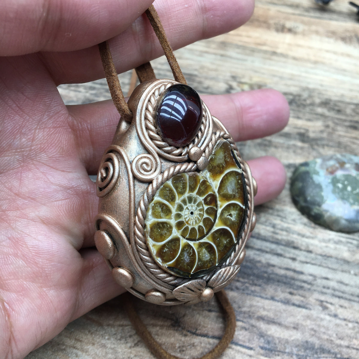 Natural Ammonite Fossil & Blood Amber Pendant Necklace - Handcrafted pendant Jewelry