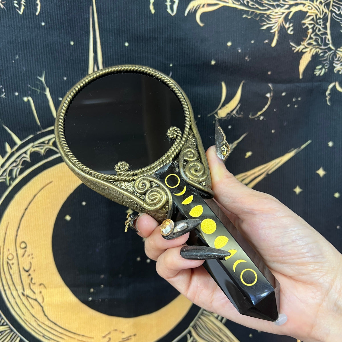 Handmade Natural Black Obsidian Scrying Mirror Wand/Magic Obsidian Witch Wand/Crystal Quartz Wand/Manifest Altar Tool