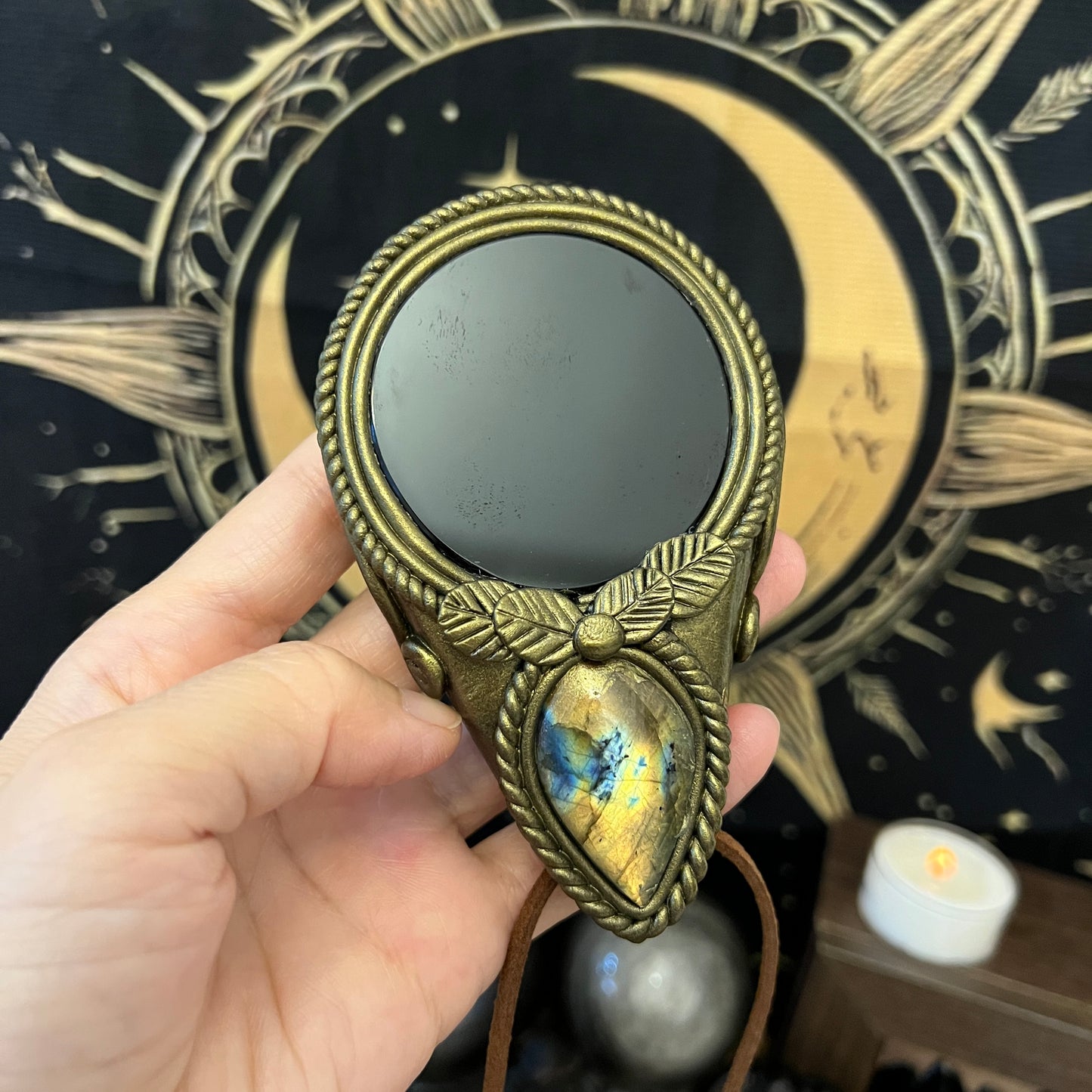 Handmade Natural Black Obsidian Scrying Mirror pendant/Magic Obsidian Witch Mirror/Crystal Quartz Mirror/Manifest Altar Tool