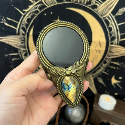 Handmade Natural Black Obsidian Scrying Mirror pendant/Magic Obsidian Witch Mirror/Crystal Quartz Mirror/Manifest Altar Tool