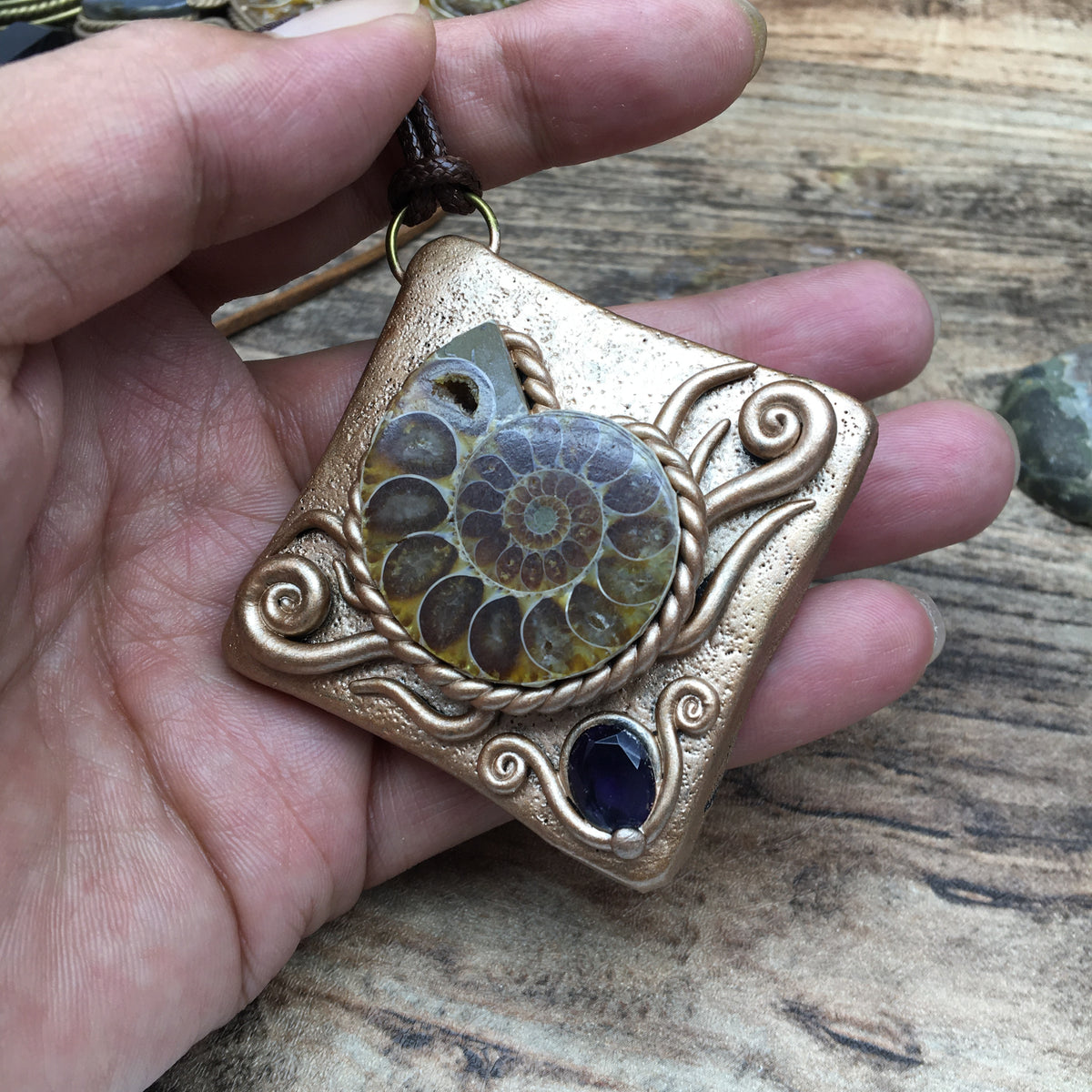Ammonite Fossil & Amethyst Gemstone Pendant - Rhombus Healing Crystal Necklace