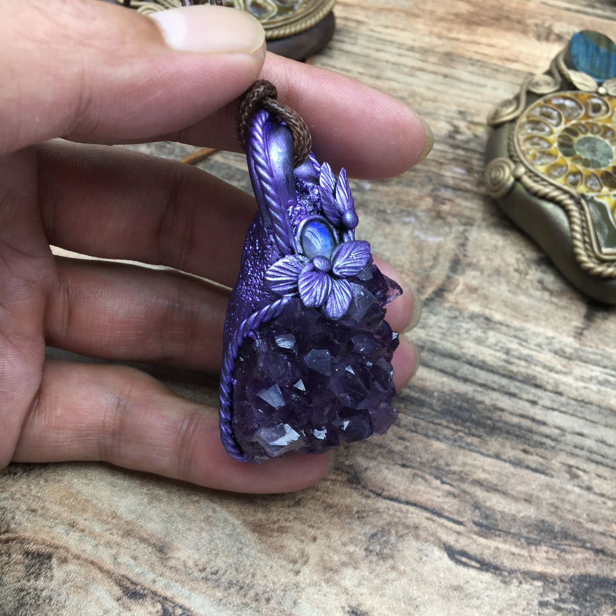 Raw Amethyst Cluster Pendant with Blue Flash Moonstone - Spiritual Healing Crystal Gift