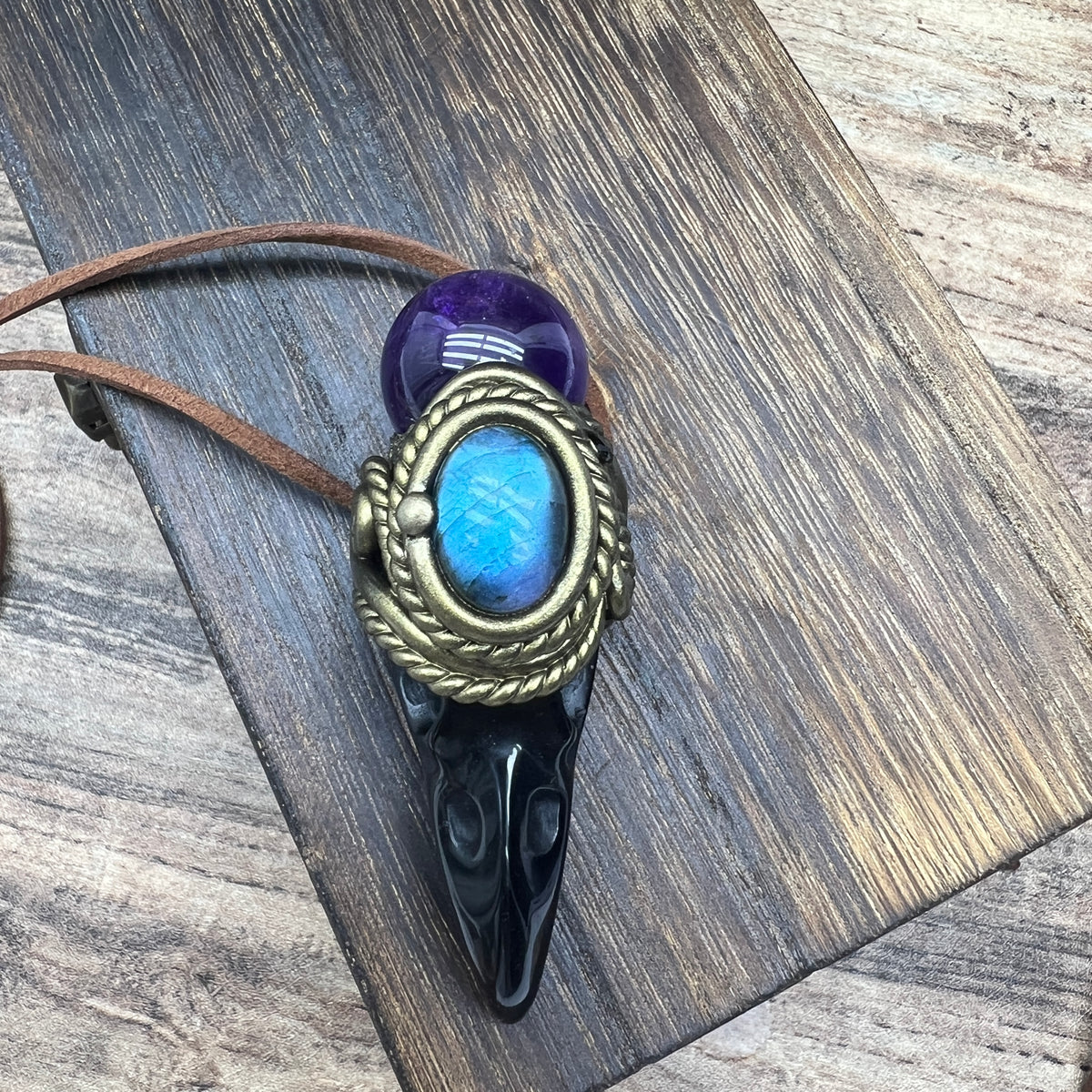 Handmade crystal jewelry~Healing Crystal Wand / Protection Amulet Pendant Necklace Labradorite,amethyst sphere , Carved Black Obsidian RavenSkull