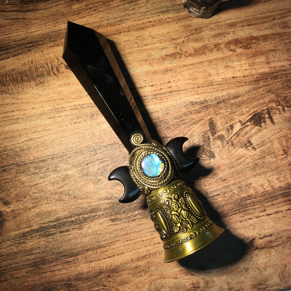 Crystal Altar Bell, Witch Hand Bell, Black obsidian Wand Bell, Pagan Ritual Bell, Gothic Crystal Handbell, Handcrafted Witchy Altar Decor